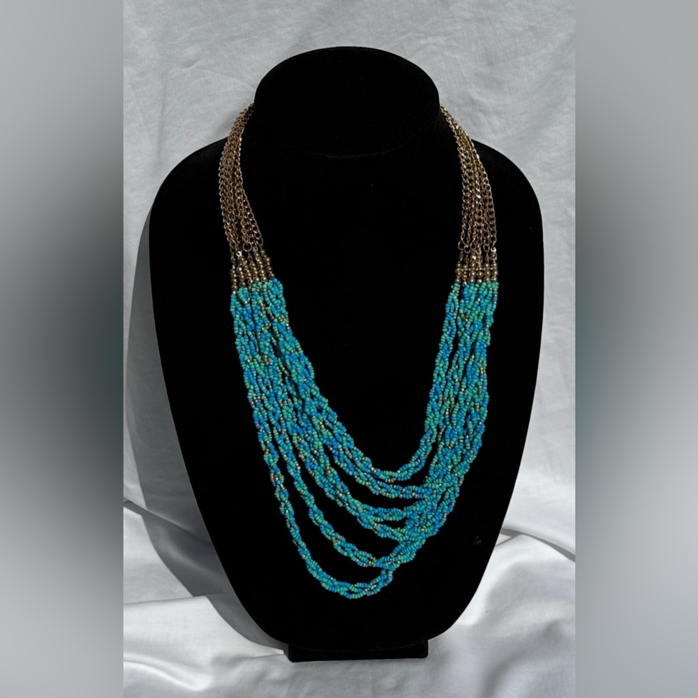 Vintage Talbots Multi-strand Blue & Green Beaded Cascade Necklace Gold Tone